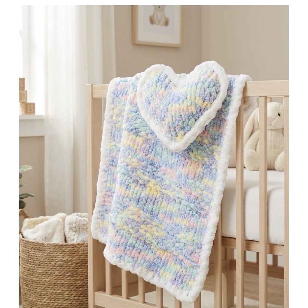 Sweetheart Chunky Knit  Chenille Throw Blanket Handmade Baby With‎ Heart Pillow